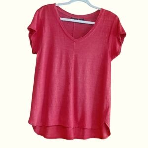 Tahari Red Linen V-Neck Tee Size XL